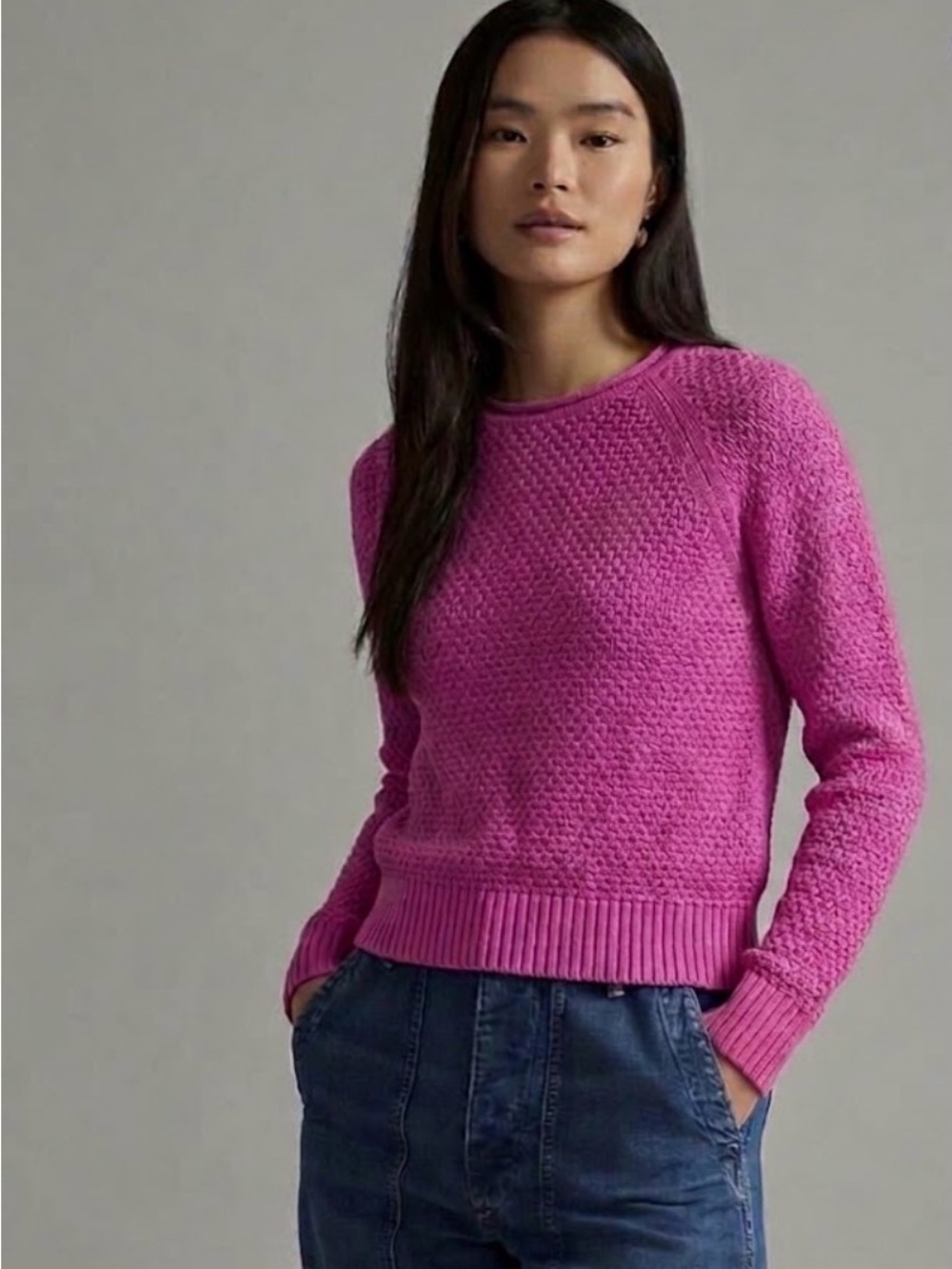 Ralph Lauren Bright Pink Fuchsia Textured Crewneck Sweater Petit S 100% cotton
